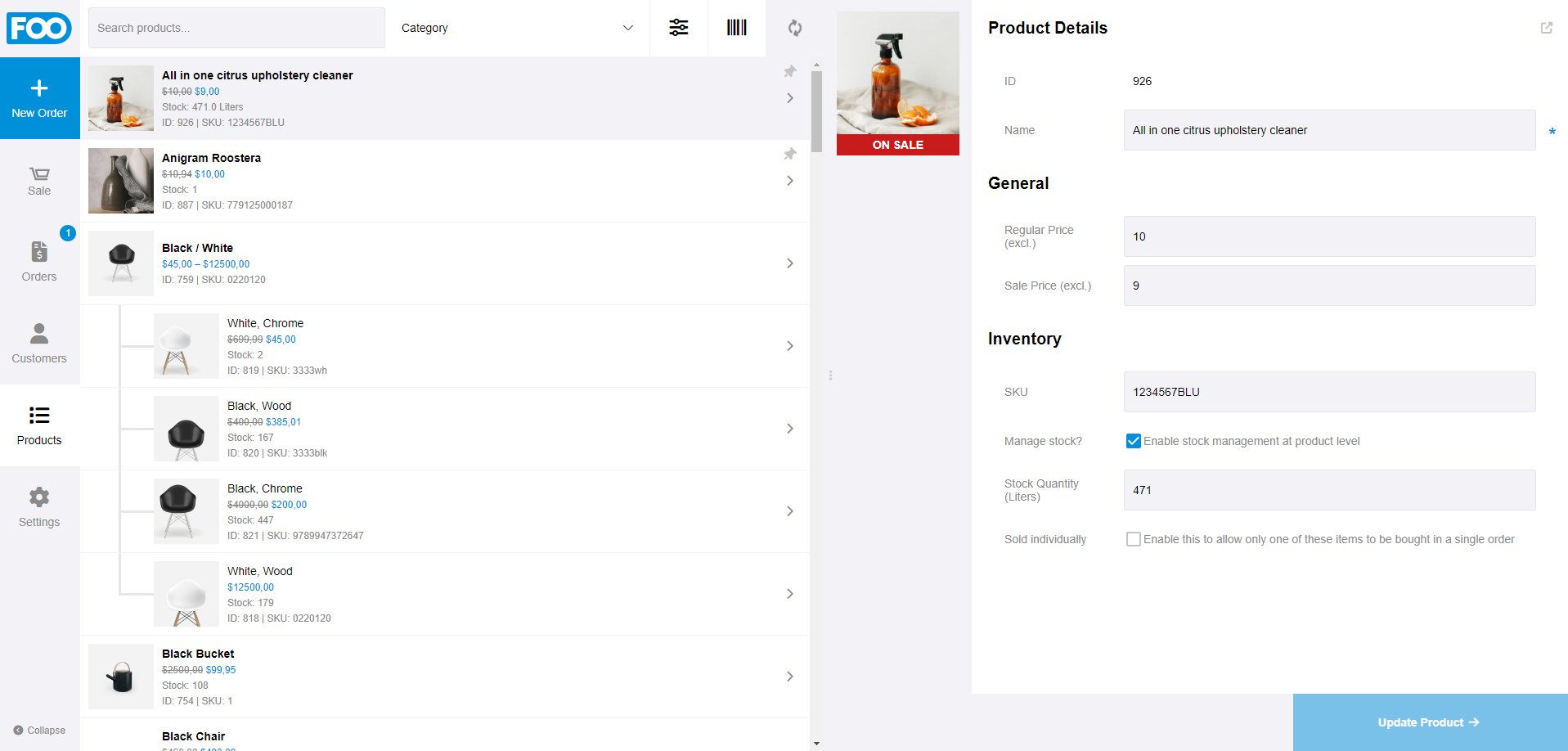 Die Produktdetailseite von FooSales zeigt Produktpreis- und Bestandsdetails in Echtzeit an