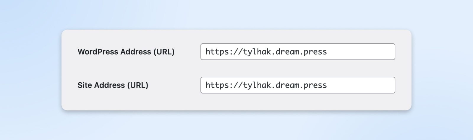 Nahaufnahme der Felder „WordPress-Adresse“ und „Site-Adresse“, beide zeigen: https://tylhak.dream.press