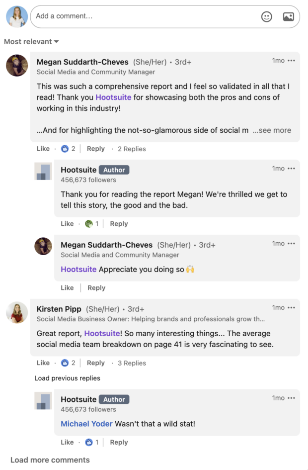 Benutzer reagieren in LinkedIn-Kommentaren positiv auf Hootsuite