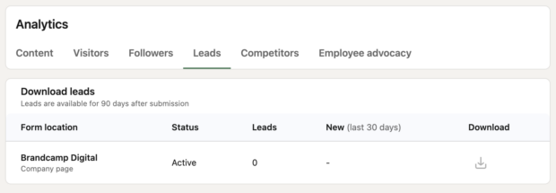 Lead-Formularanalyse in LinkedIn mit Status und Anzahl der Leads sowie einem Download-Button