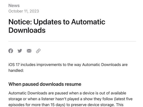 Screenshot des Blog-Beitrags von Apple, in dem die Download-Änderung für iOS 17 angekündigt wird.