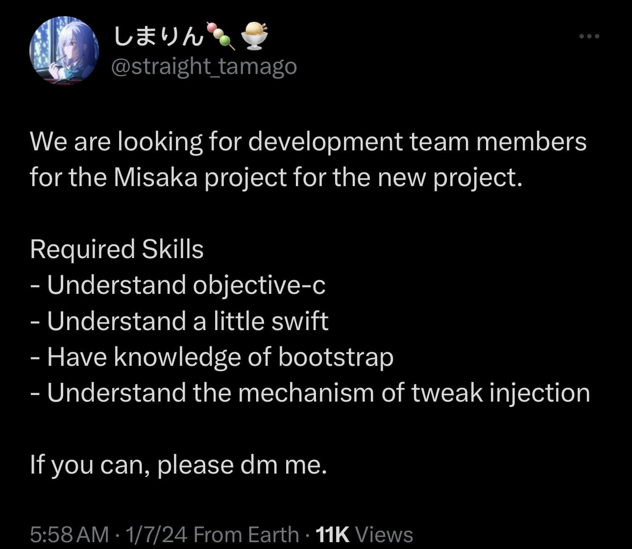 Misaka-Entwickler sucht Tweak-Injection-Entwickler.