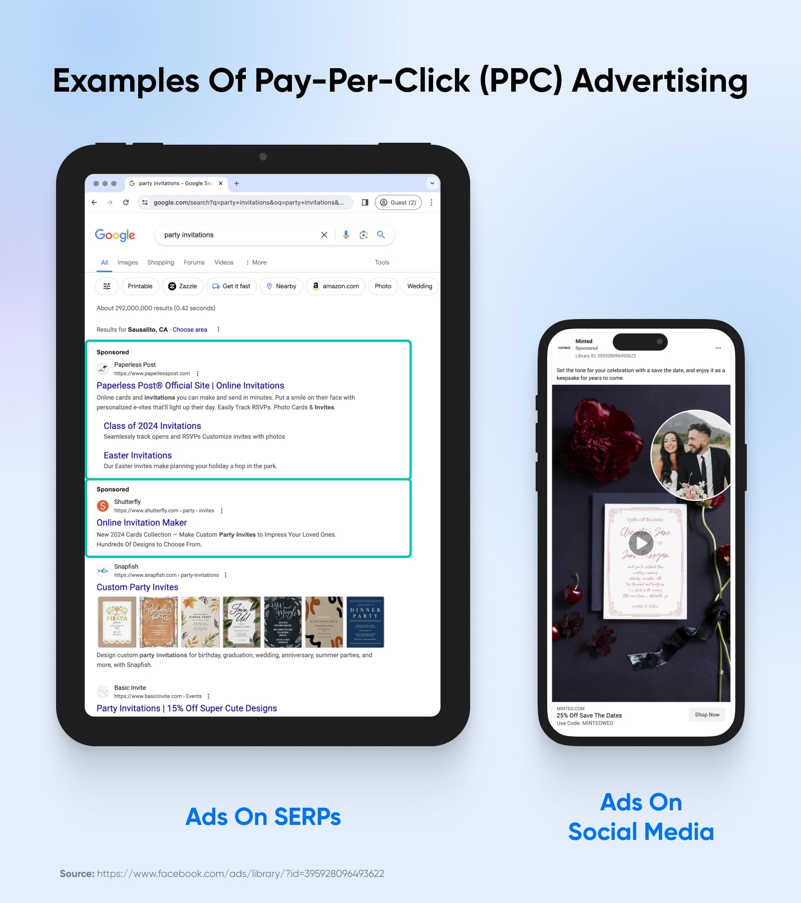 Auf einem blauen Hintergrund zeigt ein iPad Beispiele für Anzeigen in SERPs und auf einem Telefon Beispiele für Anzeigen in sozialen Medien