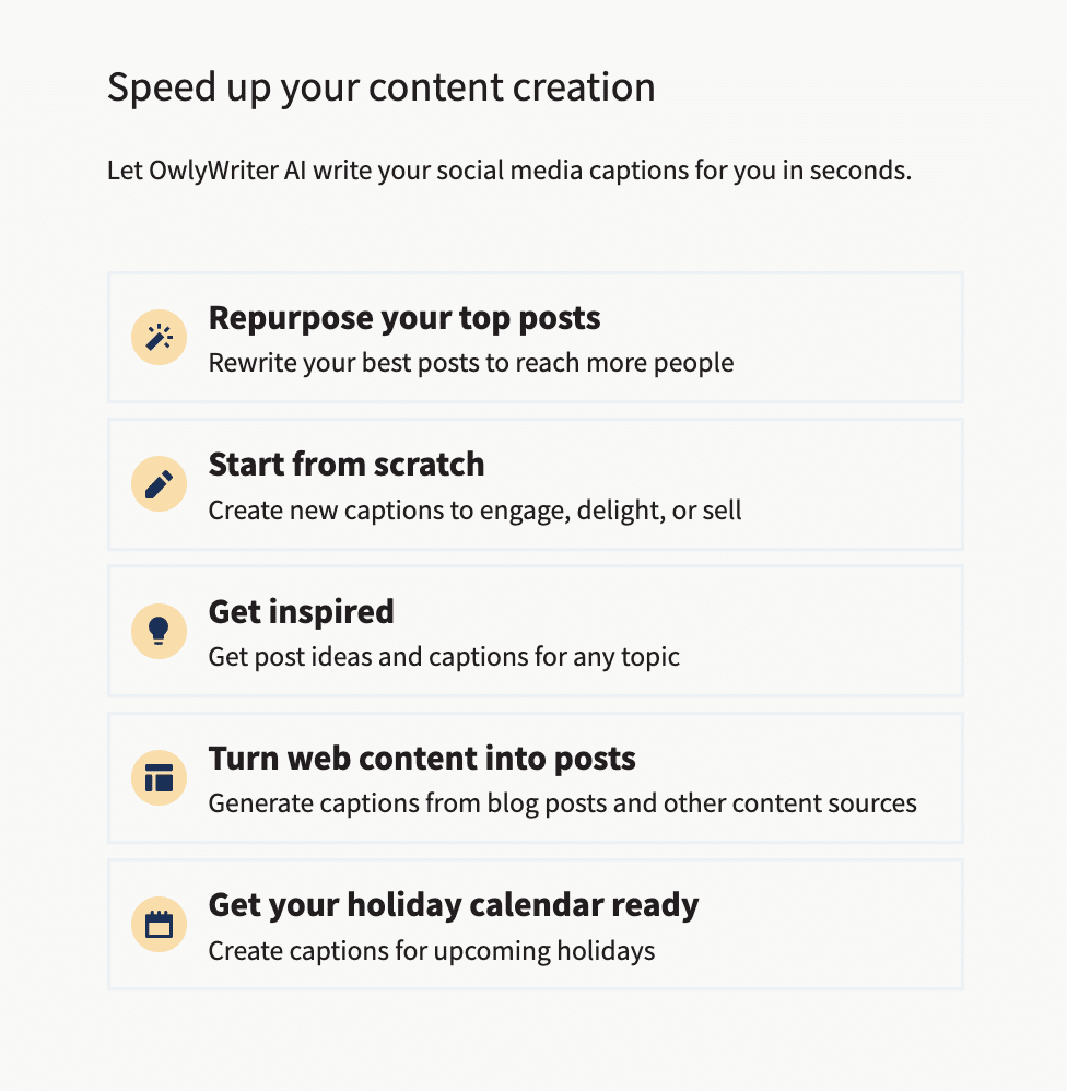 OwlyWriter AI in Hootsuite.  Hauptbildschirm mit verfügbaren Optionen: Nutzen Sie Ihre Top-Beiträge neu, beginnen Sie ganz von vorne, lassen Sie sich inspirieren, wandeln Sie Webinhalte in Beiträge um und bereiten Sie Ihren Feiertagskalender vor