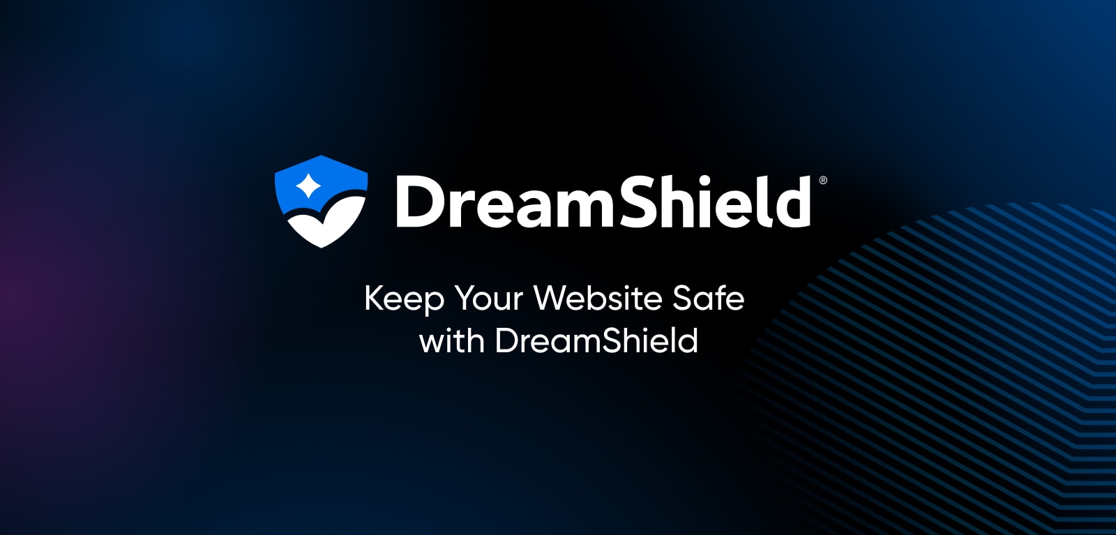Vor einem dunkelblauen und schwarzen Hintergrund erscheinen die Worte „DreamShield: Schützen Sie Ihre Website mit DreamShield“ in weißer Schrift