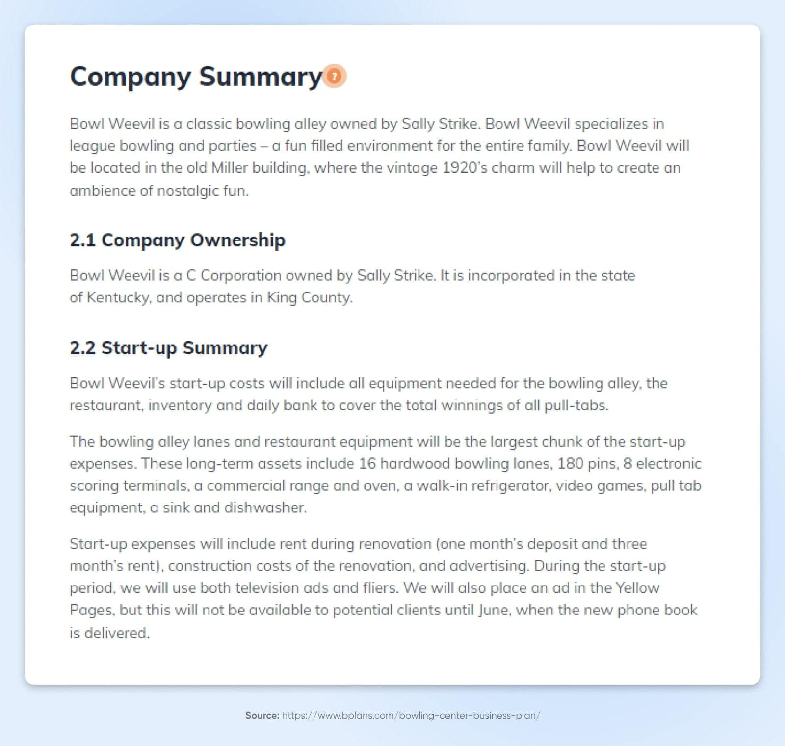 Eine weiße Seite mit der Unternehmenszusammenfassung mit Abschnitten zu Unternehmenseigentum und Start-up-Zusammenfassung.