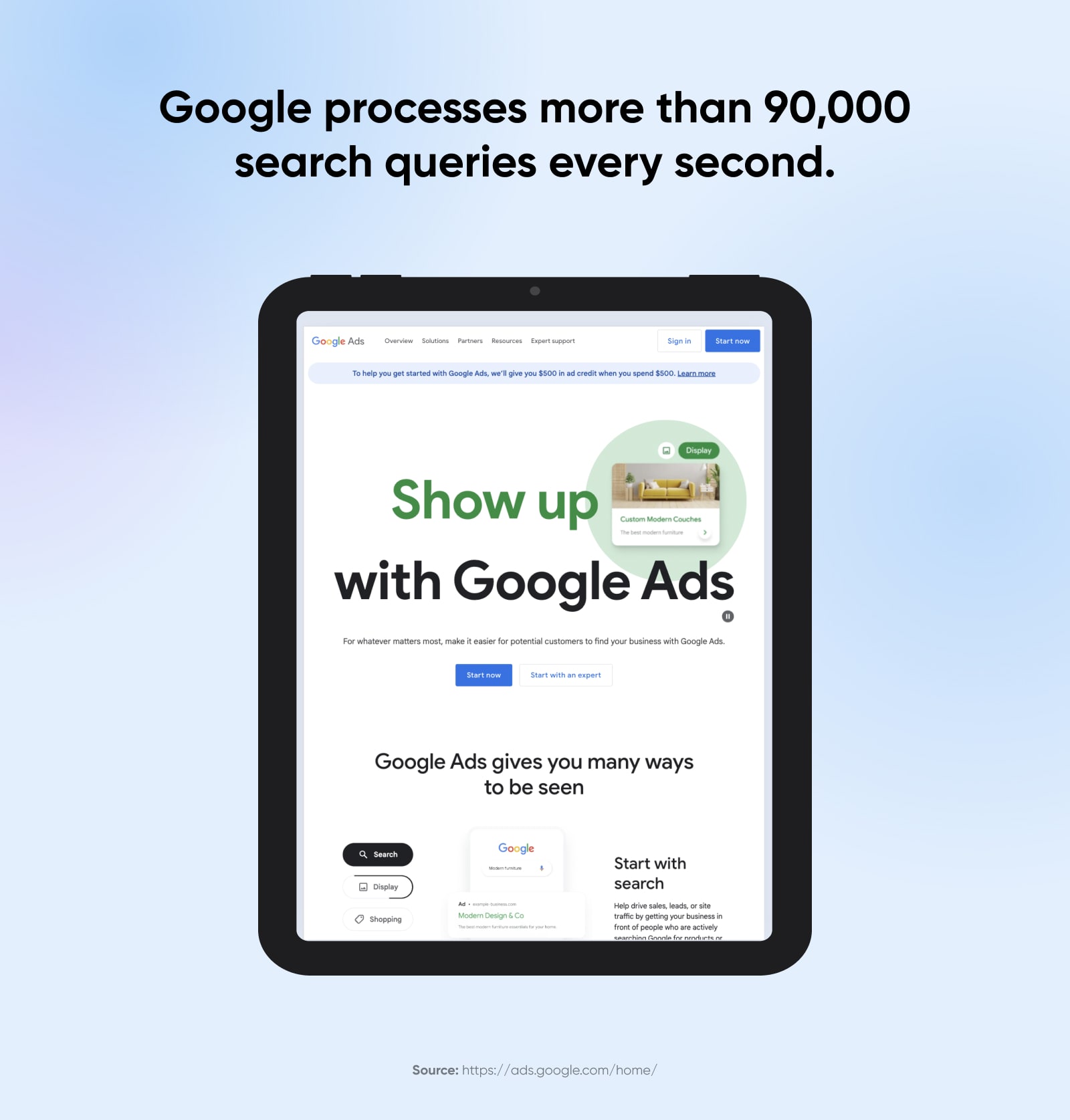 Die Startseite für Google Ads erscheint vor einem hellblauen Hintergrund