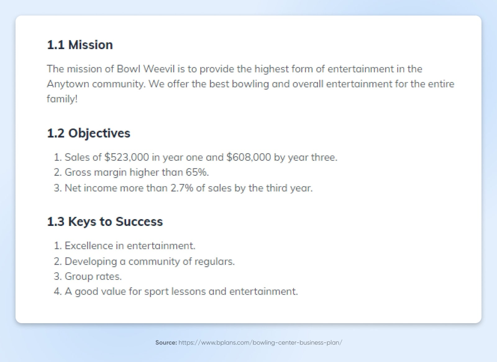 Die Geschäftsziele von Bowl Weevil auf einer weißen Seite, einschließlich Mission, Zielen und Schlüssel zum Erfolg.