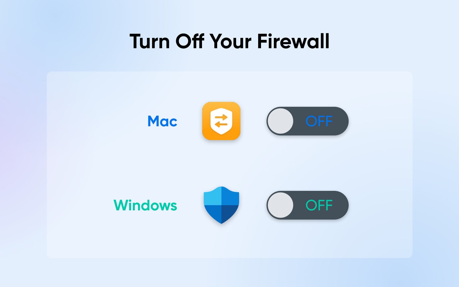 Mac- und Windows-Firewall-Symbole mit gedrehter Schiebetaste 
