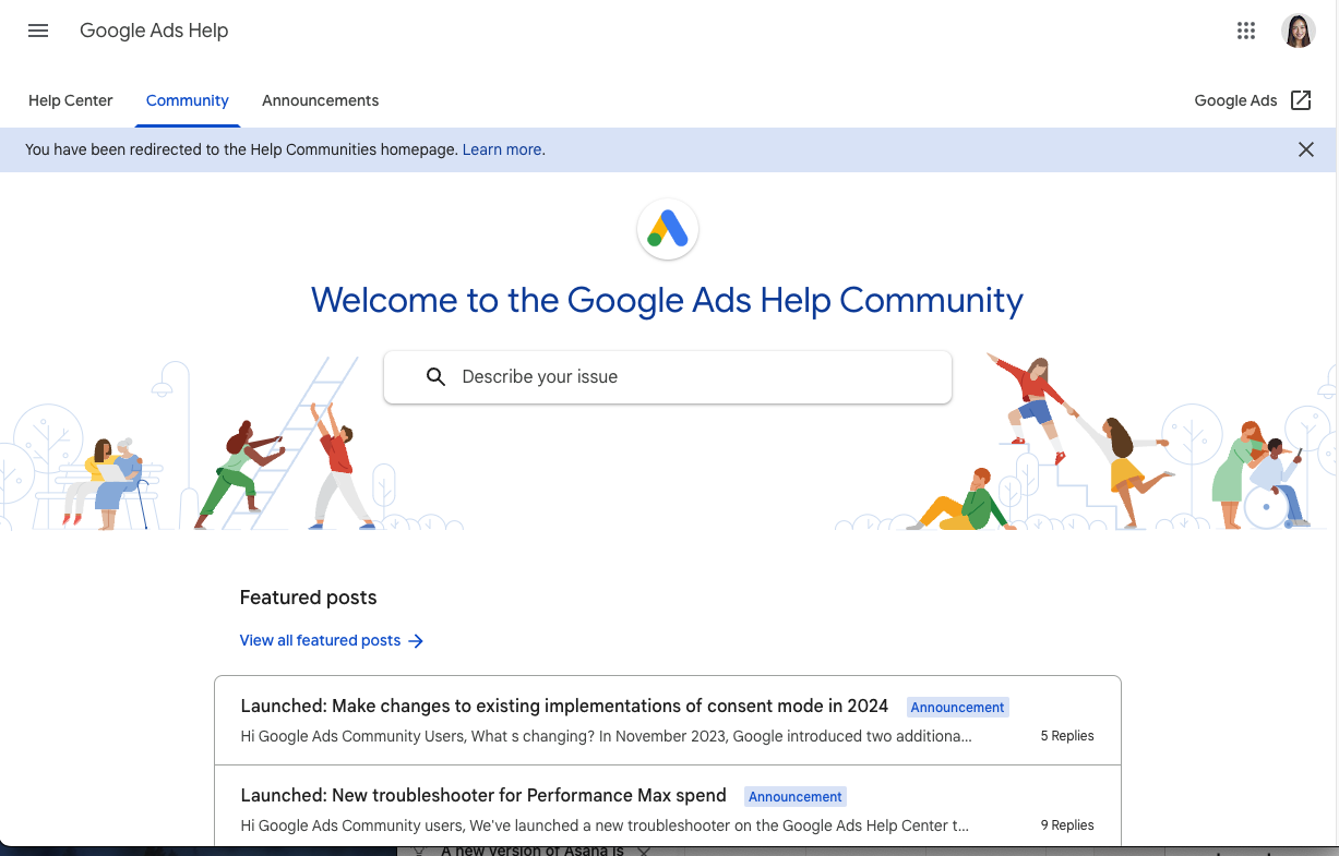 Screenshot der Startseite der Google Ads-Hilfe-Community mit einer Suchleiste, verschiedenen Beiträgen und einer farbenfrohen Illustration von Personen, die auf professionellen Netzwerkplattformen verschiedene Aktivitäten wie Laufen und Lesen ausüben.